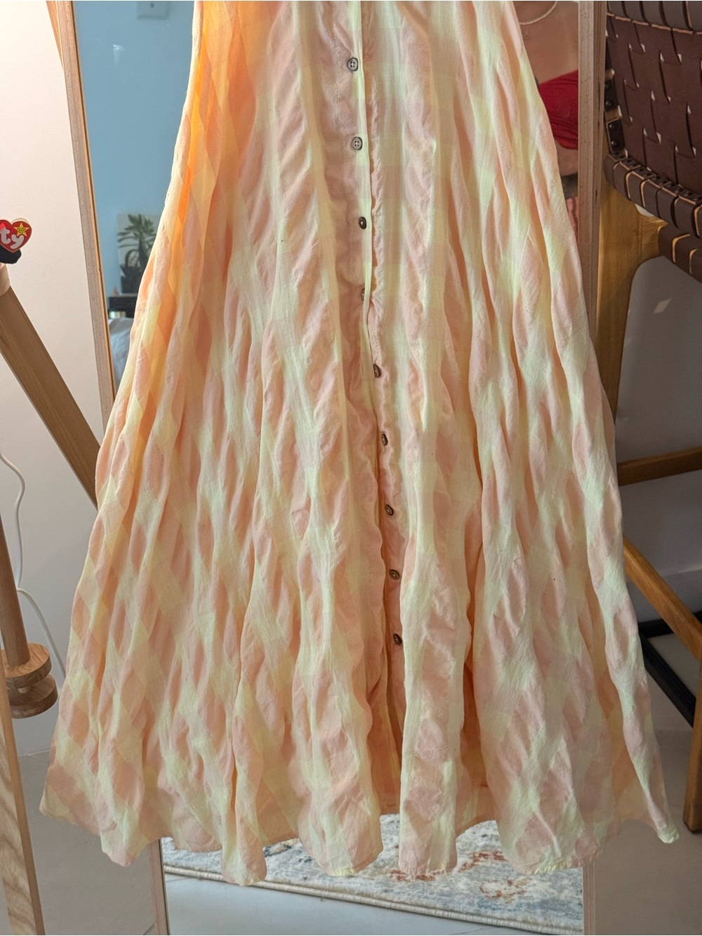 Free People Via Gingham Cotton Seersucker Sundress Peach Tie Front Midi Dress XS - Picture 8 of 10
